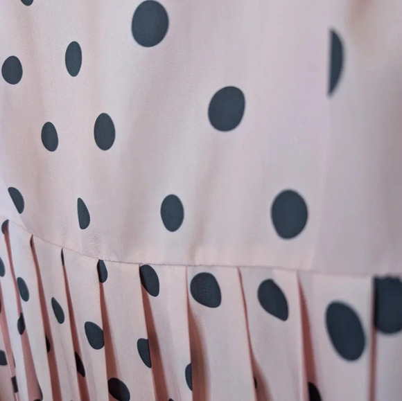 Polka Dot Dress Ascot Neck Tie Bow Pink Black Full Button Down Midi Length Small - Picture 9 of 13